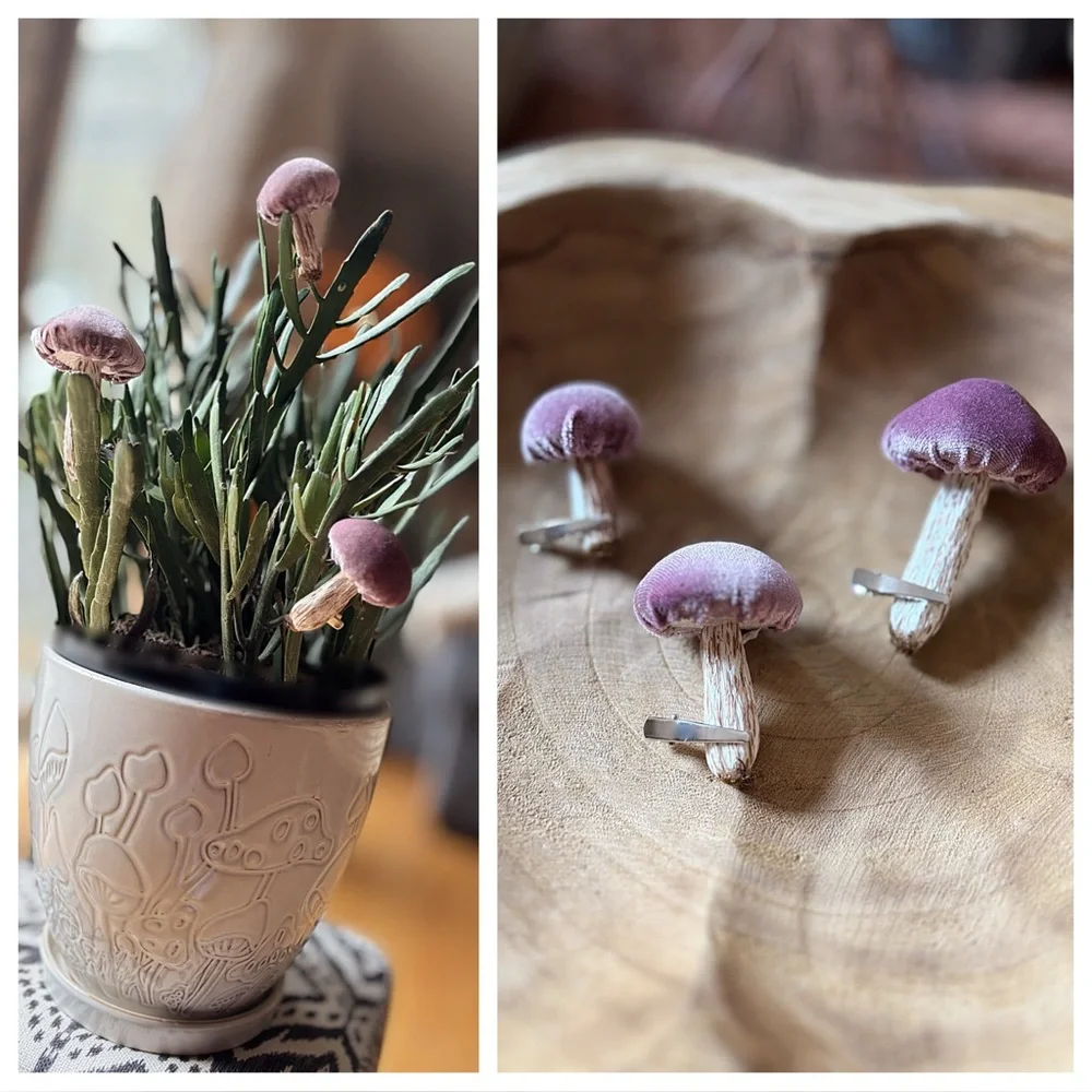 Set of 3 Pink Rose Velvet Mushroom Plant Accessories - NWT